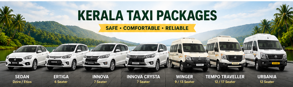 Kerala taxi packages vehicles including Sedan, Ertiga, Innova, Innova Crysta, Winger, Tempo Traveller and Force Urbania