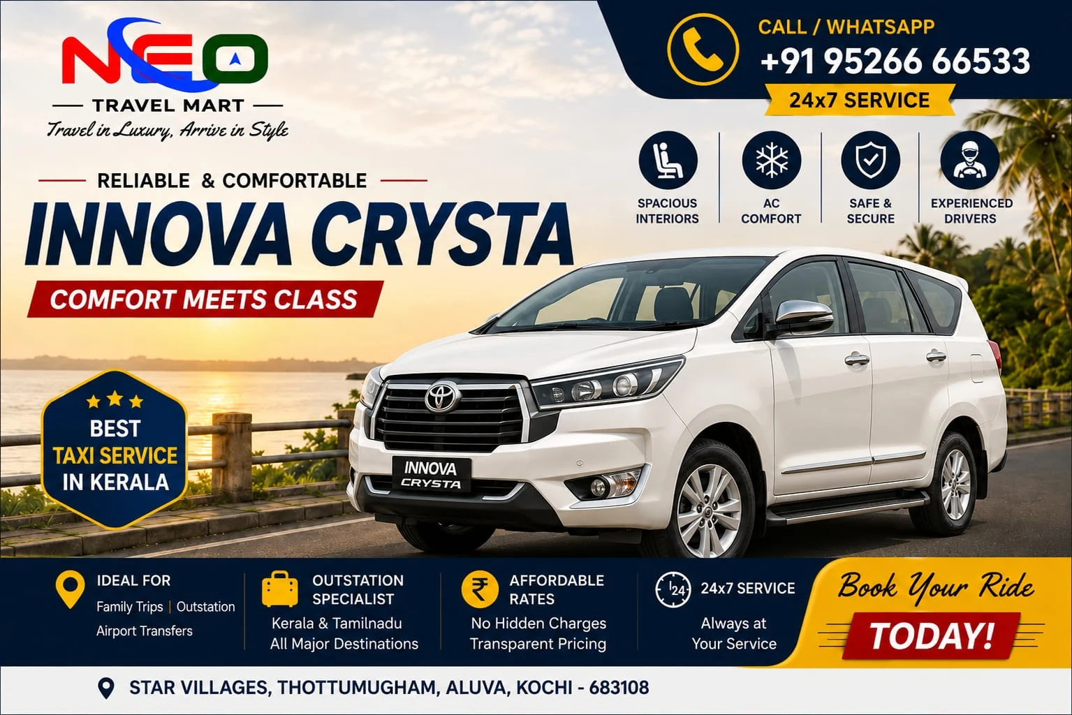 Toyota Innova Crysta rental in Kochi Kerala by Neo Travel Mart