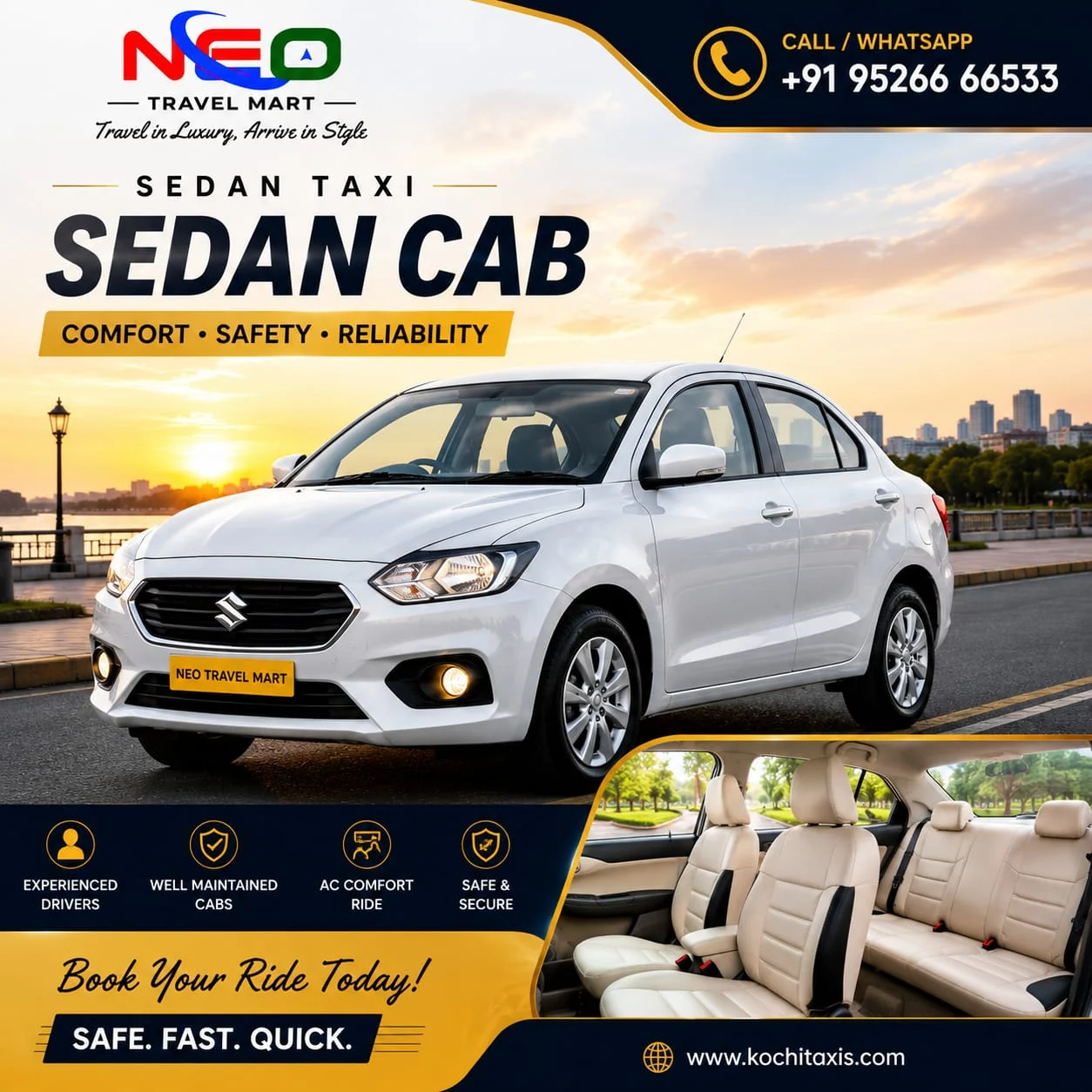 Sedan Taxi rental in Kochi Kerala by Neo Travel Mart