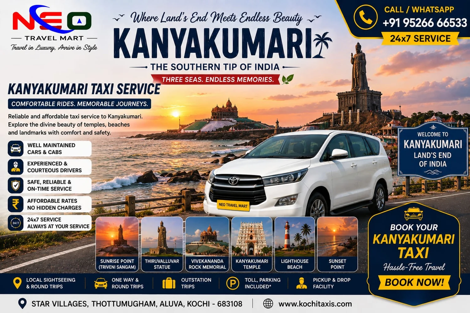 Kanyakumari taxi service poster by Neo Travel Mart