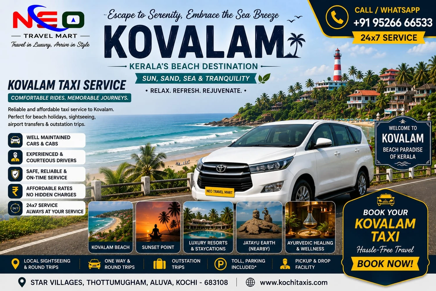 Kovalam taxi service poster by Neo Travel Mart