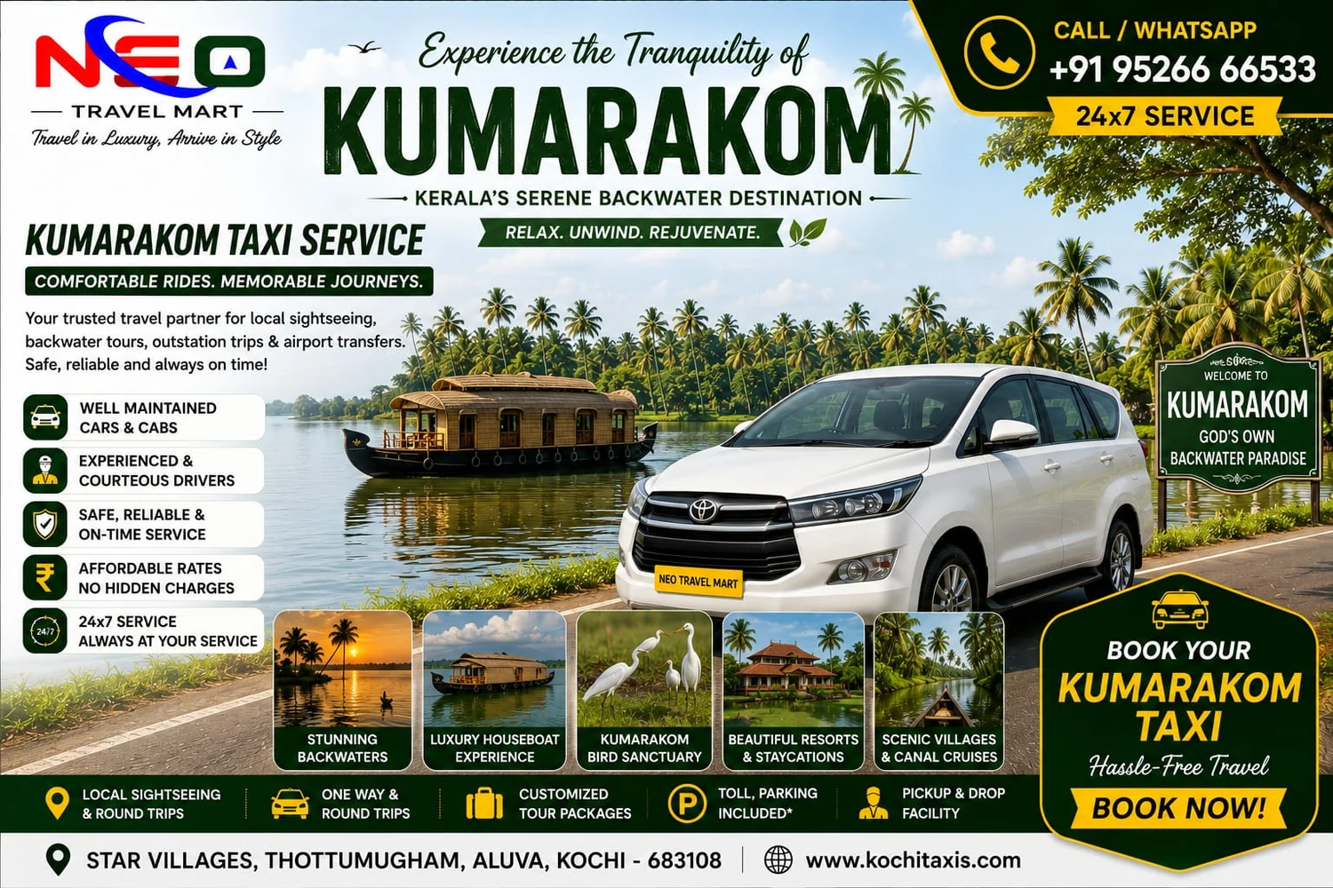 Kumarakom taxi service poster by Neo Travel Mart