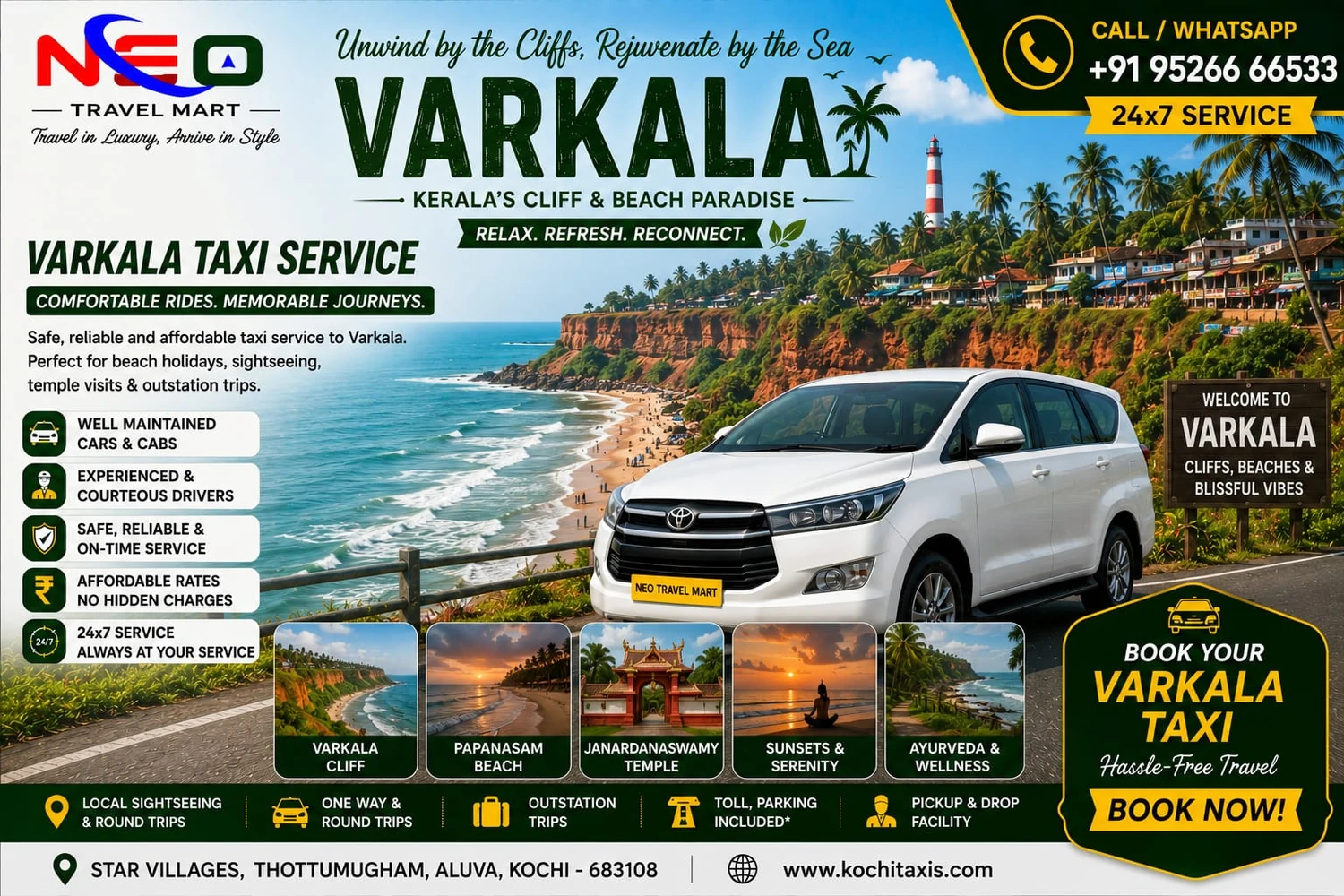Varkala taxi service poster by Neo Travel Mart