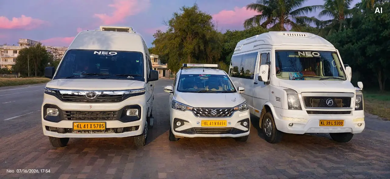 Neo Travel Mart Kochi taxi fleet with Force Urbania, Ertiga cab and premium tempo traveller